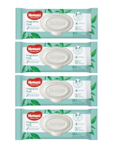 Kimberley-Clarke Huggies Baby Wipes Unscented refill 320 wipes (4 packs x 80 wipes)